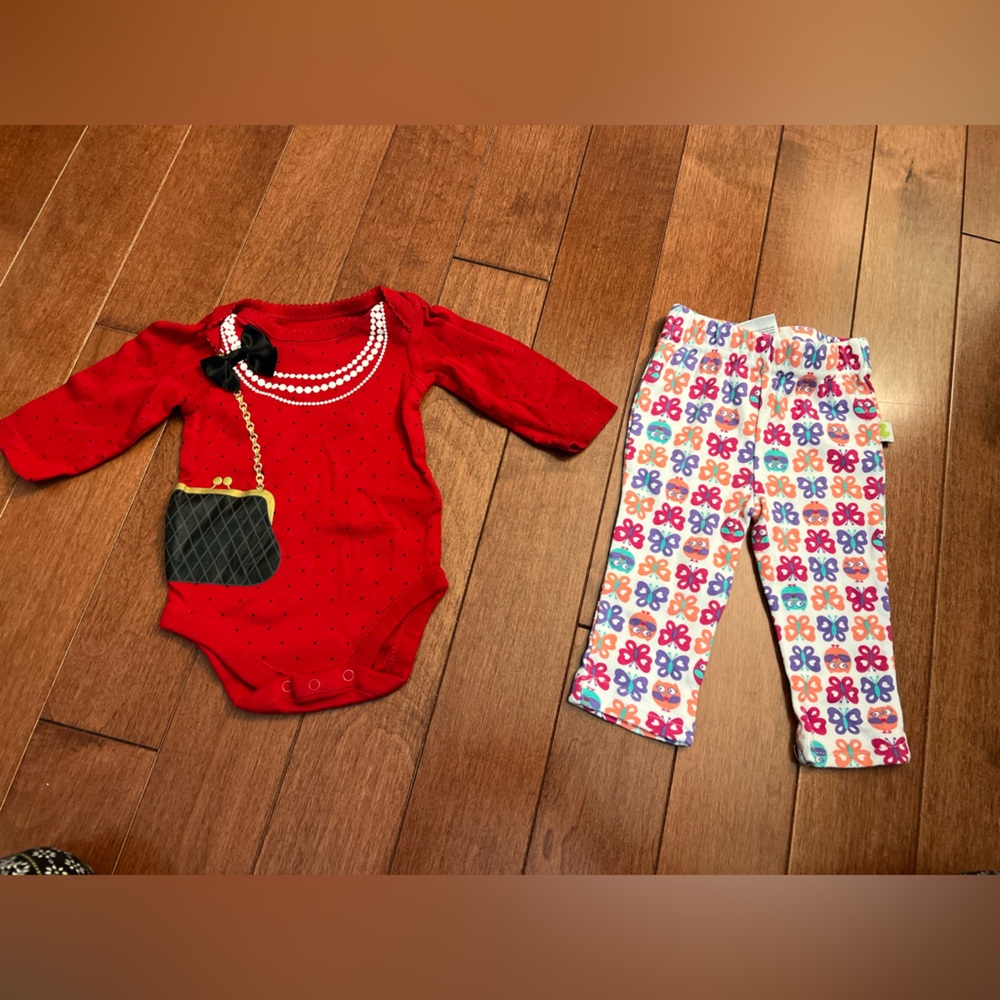 0-3 & 3-6 month Red Baby Girl Onesie and Colorful Pants Set